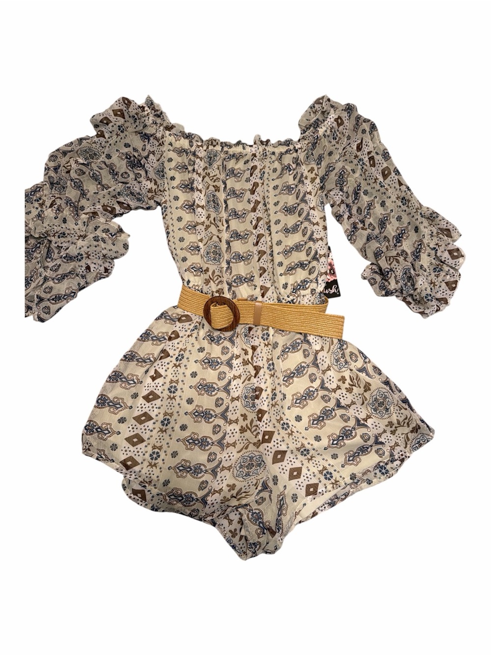 Blush Cream Paisley Off-Shoulder Romper with Tan Belt